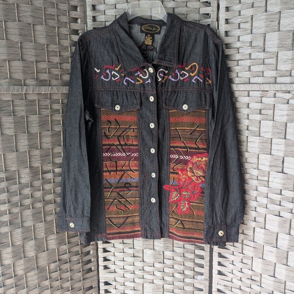 Vtg Alex Kim Denim Jacket Dark Wash Tapestry Embroidered Art to Wear XL Boho